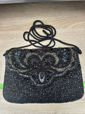 Partners Beaded Shoulder Clutch in Black & Gold Multicolor Vintage